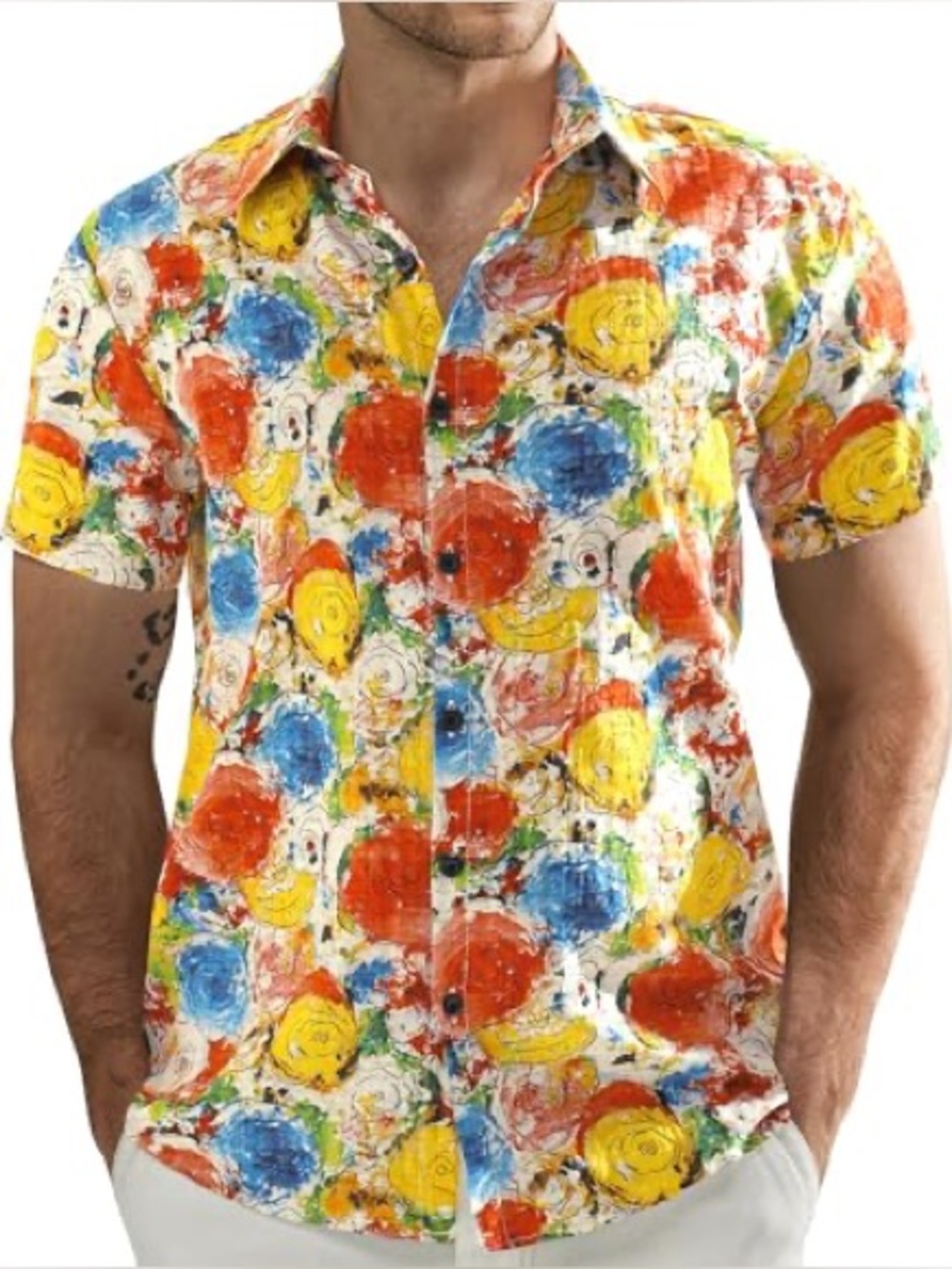 NWT- Jogal Men's Short-Sleeve Floral Paint-Print Shirt - Multi